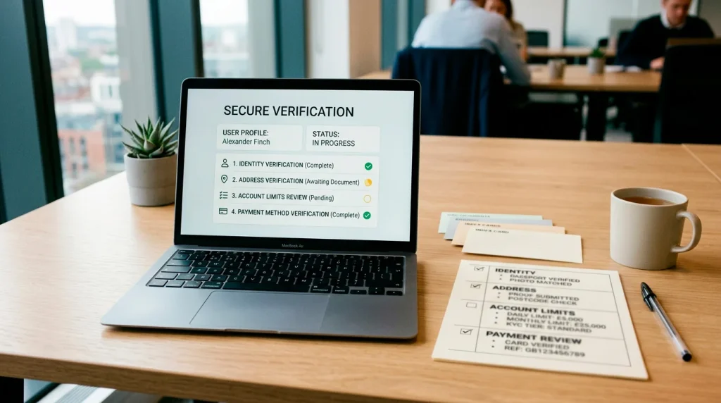 Verification checklist with identity, limits and account checks for a UK casino player