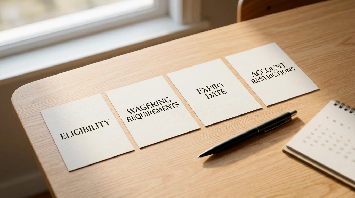 Bonus checklist with eligibility, wagering, expiry and current terms reminders